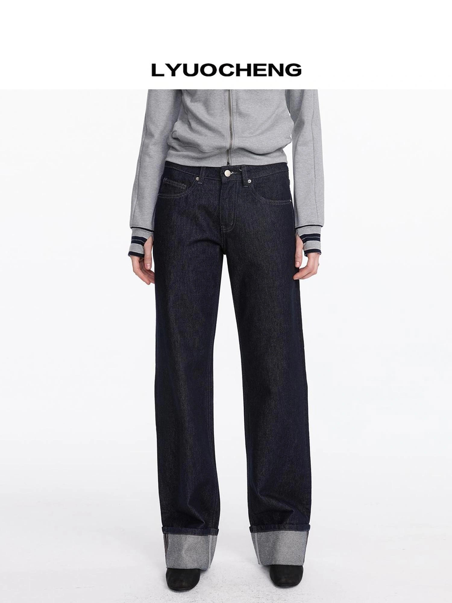 LYUOCHENG Straight Leg Cuffed Raw Denim Jeans