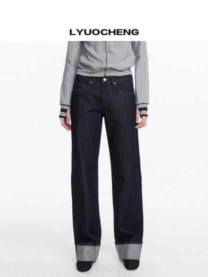 LYUOCHENG Straight Leg Cuffed Raw Denim Jeans