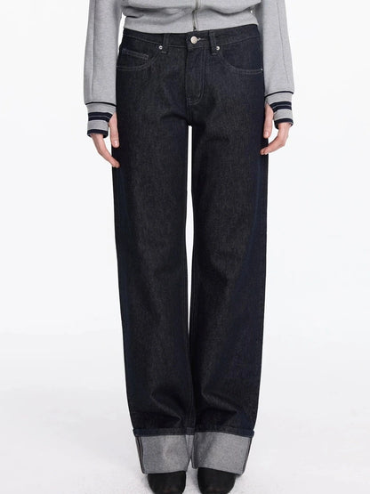 LYUOCHENG Straight Leg Cuffed Raw Denim Jeans