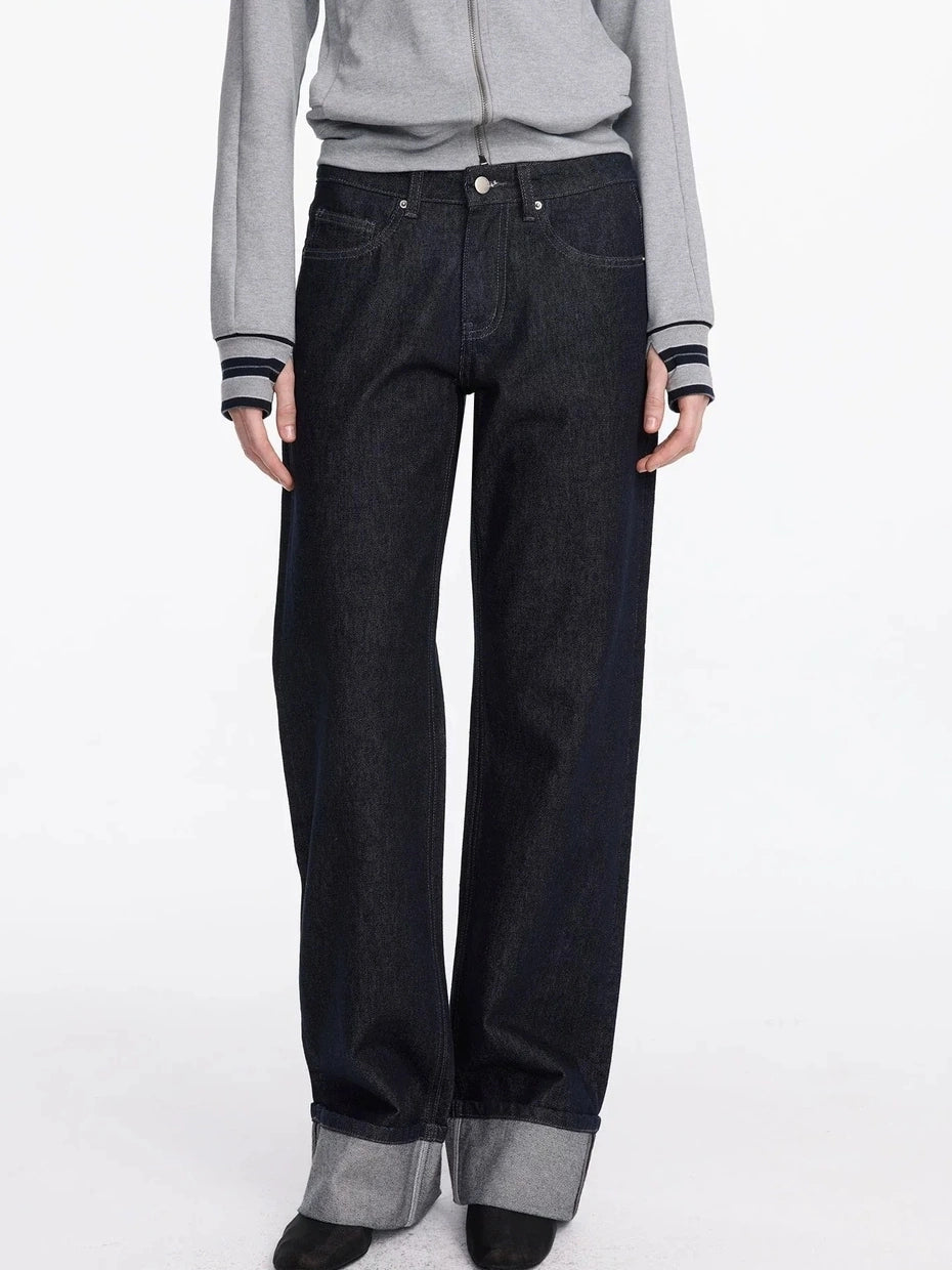 LYUOCHENG Straight Leg Cuffed Raw Denim Jeans