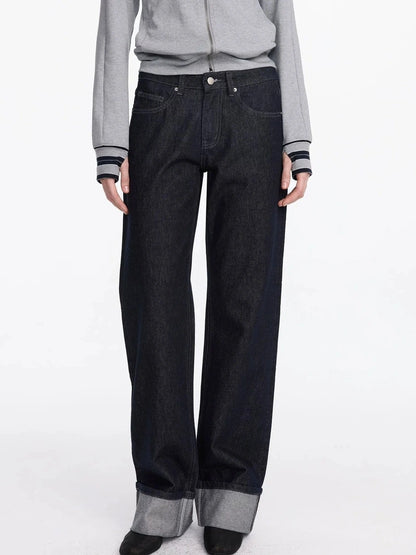 LYUOCHENG Straight Leg Cuffed Raw Denim Jeans