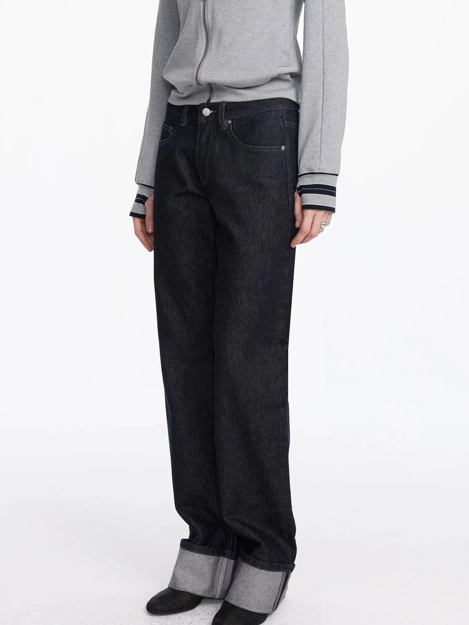 LYUOCHENG Straight Leg Cuffed Raw Denim Jeans