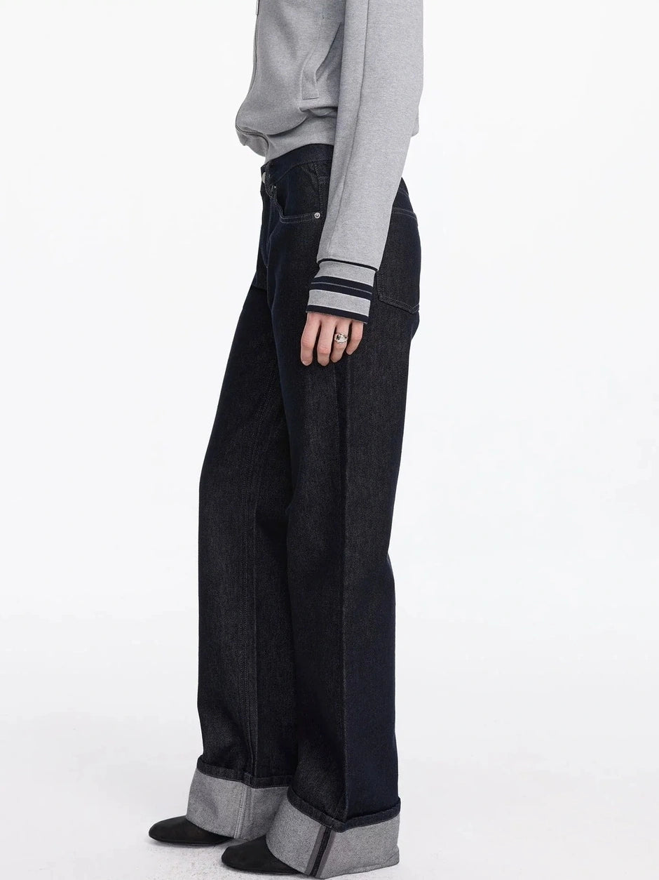 LYUOCHENG Straight Leg Cuffed Raw Denim Jeans