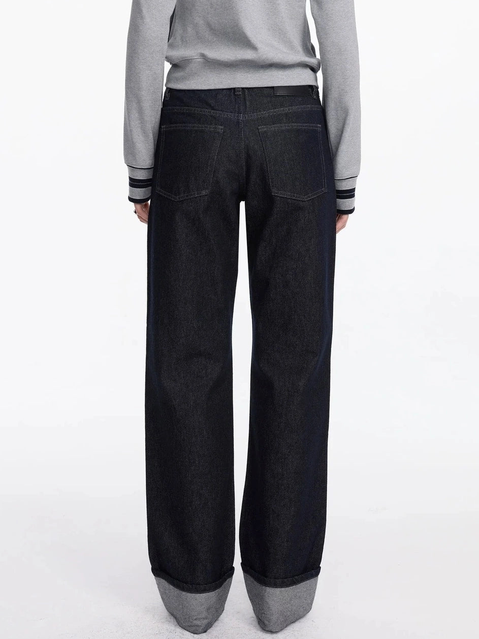 LYUOCHENG Straight Leg Cuffed Raw Denim Jeans