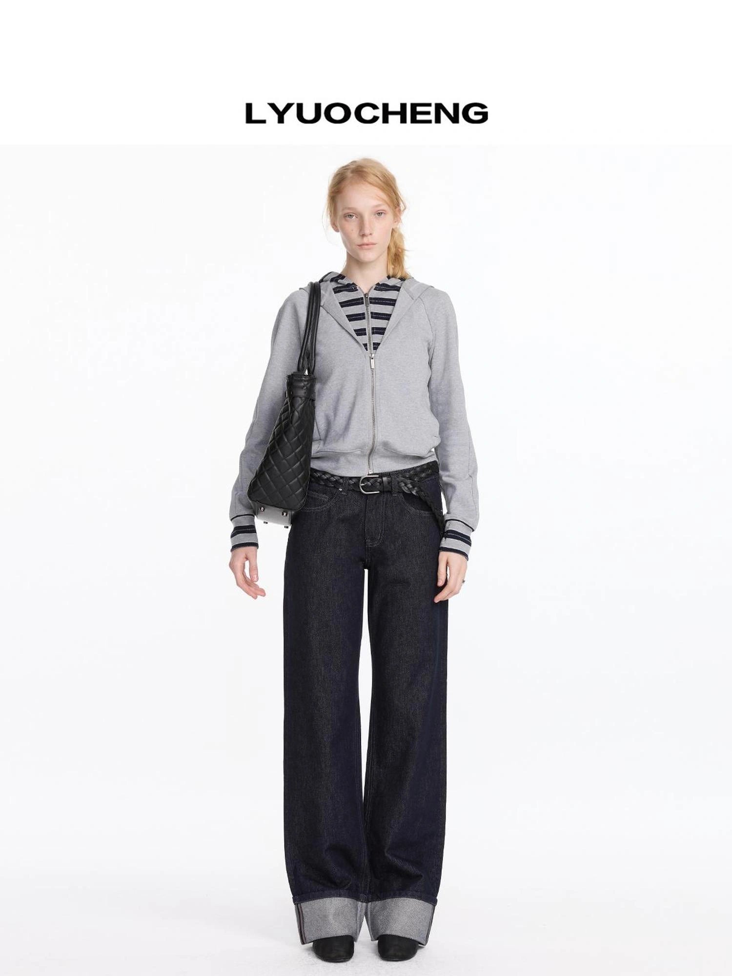 LYUOCHENG Straight Leg Cuffed Raw Denim Jeans