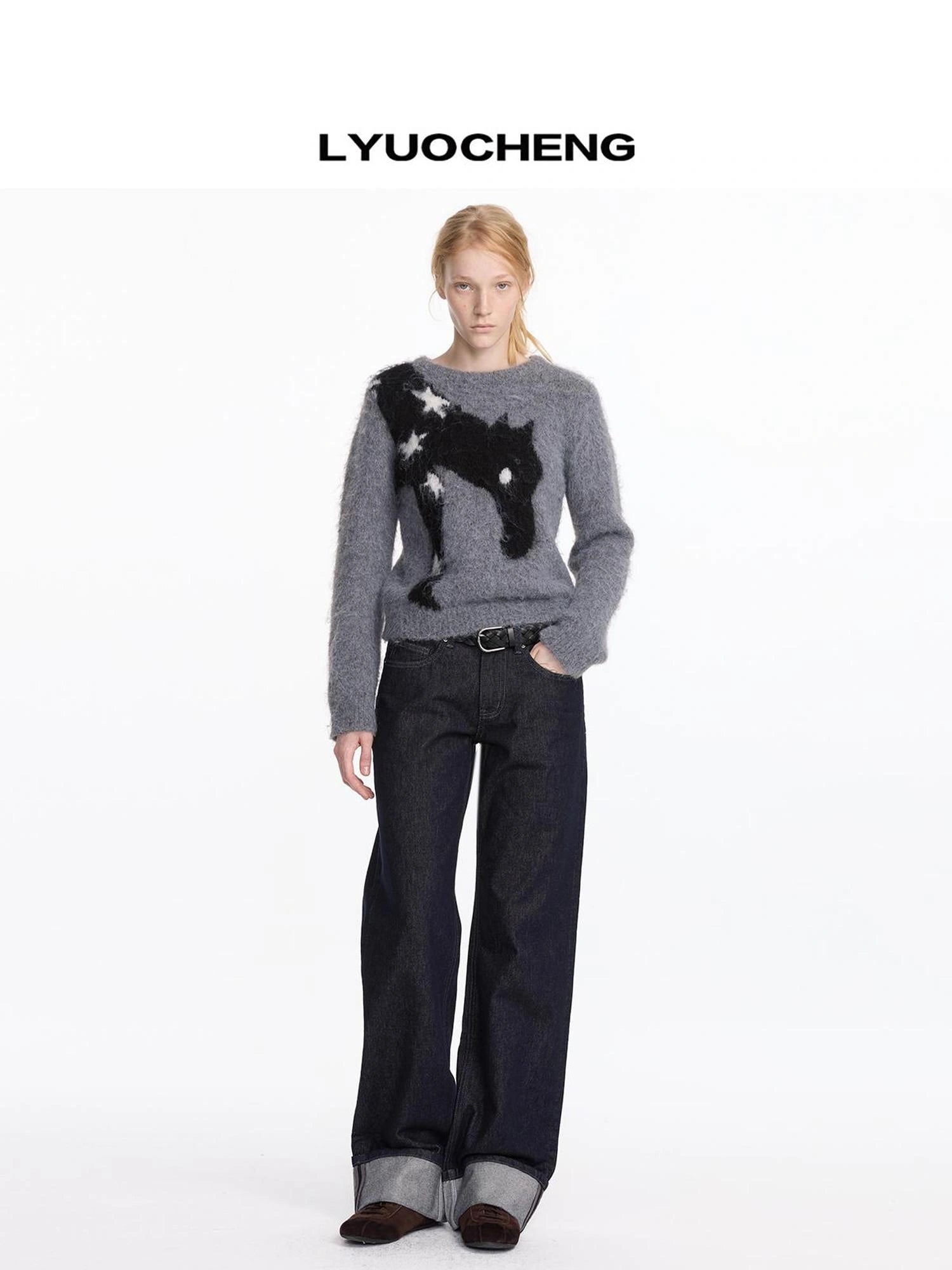 LYUOCHENG Straight Leg Cuffed Raw Denim Jeans