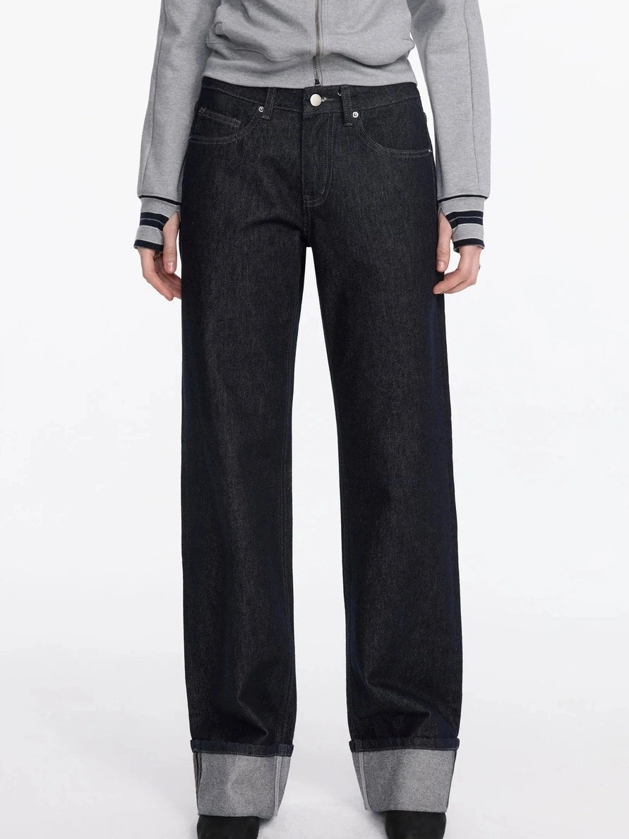 LYUOCHENG Straight Leg Cuffed Raw Denim Jeans