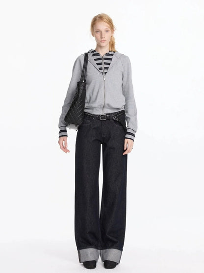 LYUOCHENG Straight Leg Cuffed Raw Denim Jeans