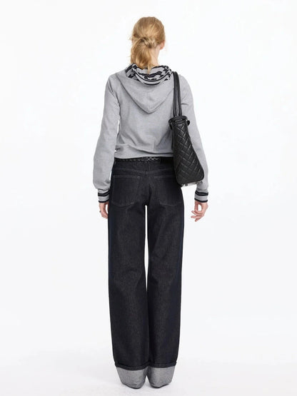 LYUOCHENG Straight Leg Cuffed Raw Denim Jeans