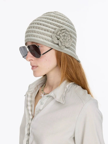 LYUOCHENG Striped Knit Beanie With Detachable Floral Accent
