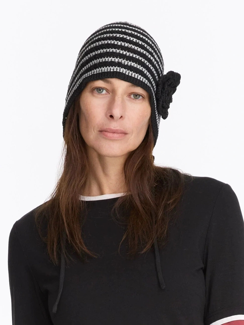 LYUOCHENG Striped Knit Beanie With Detachable Floral Accent