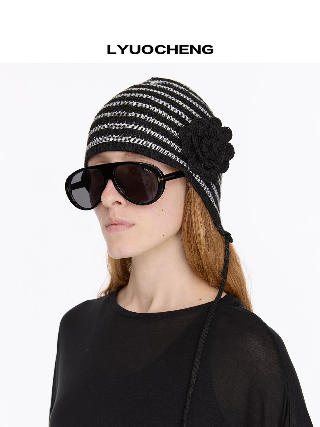 LYUOCHENG Striped Knit Bonnet With Detachable Flower