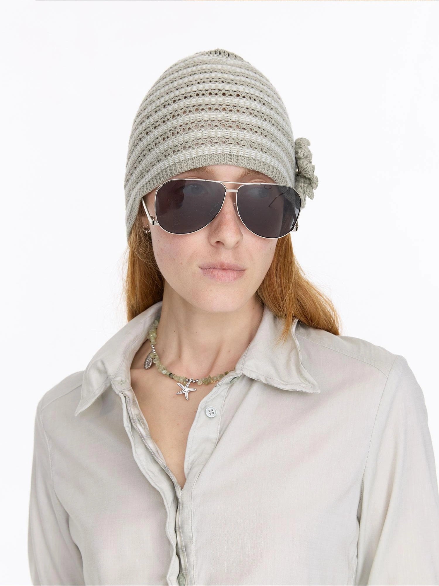 LYUOCHENG Striped Knit Bonnet With Detachable Flower