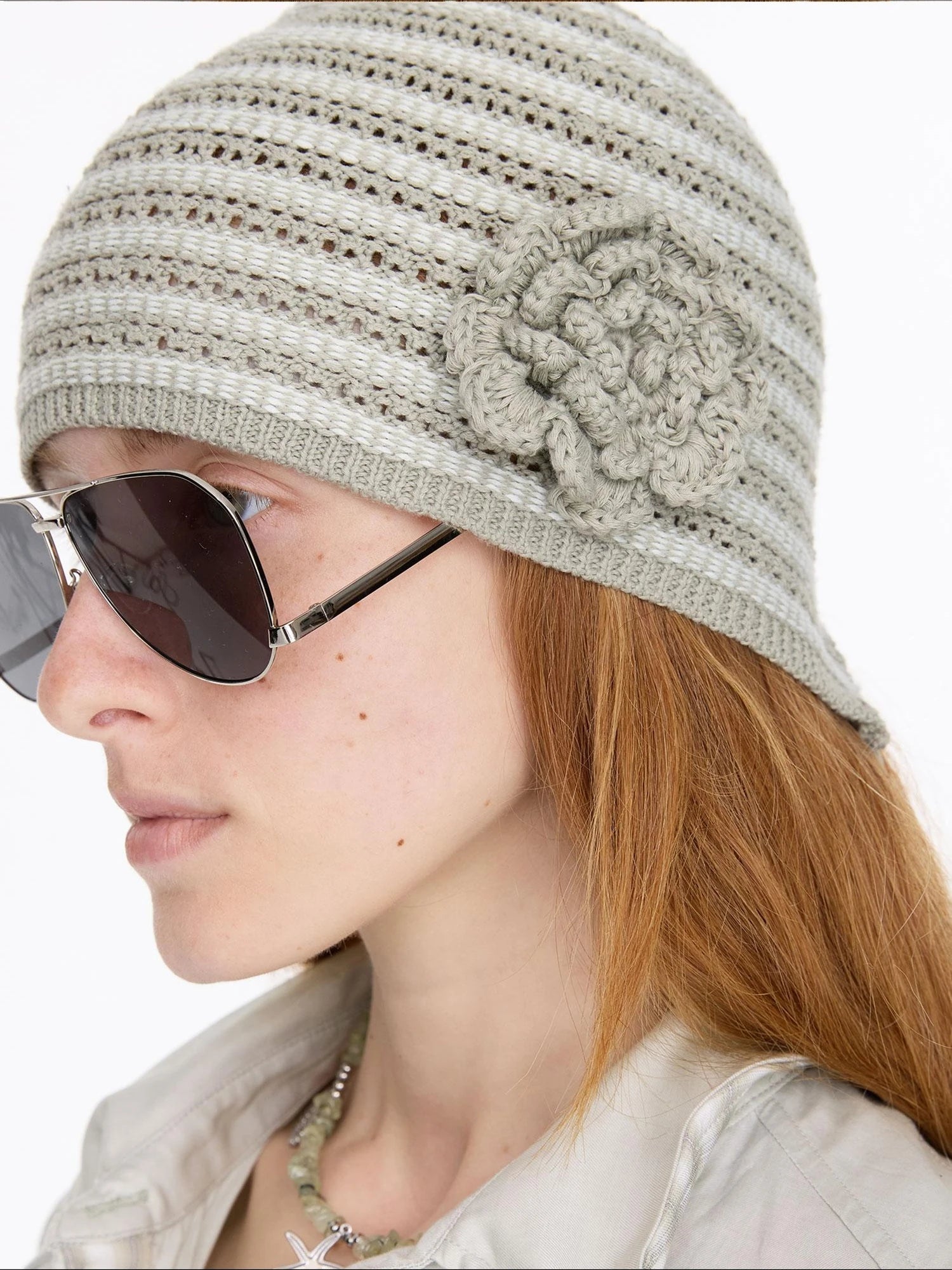 LYUOCHENG Striped Knit Bonnet With Detachable Flower