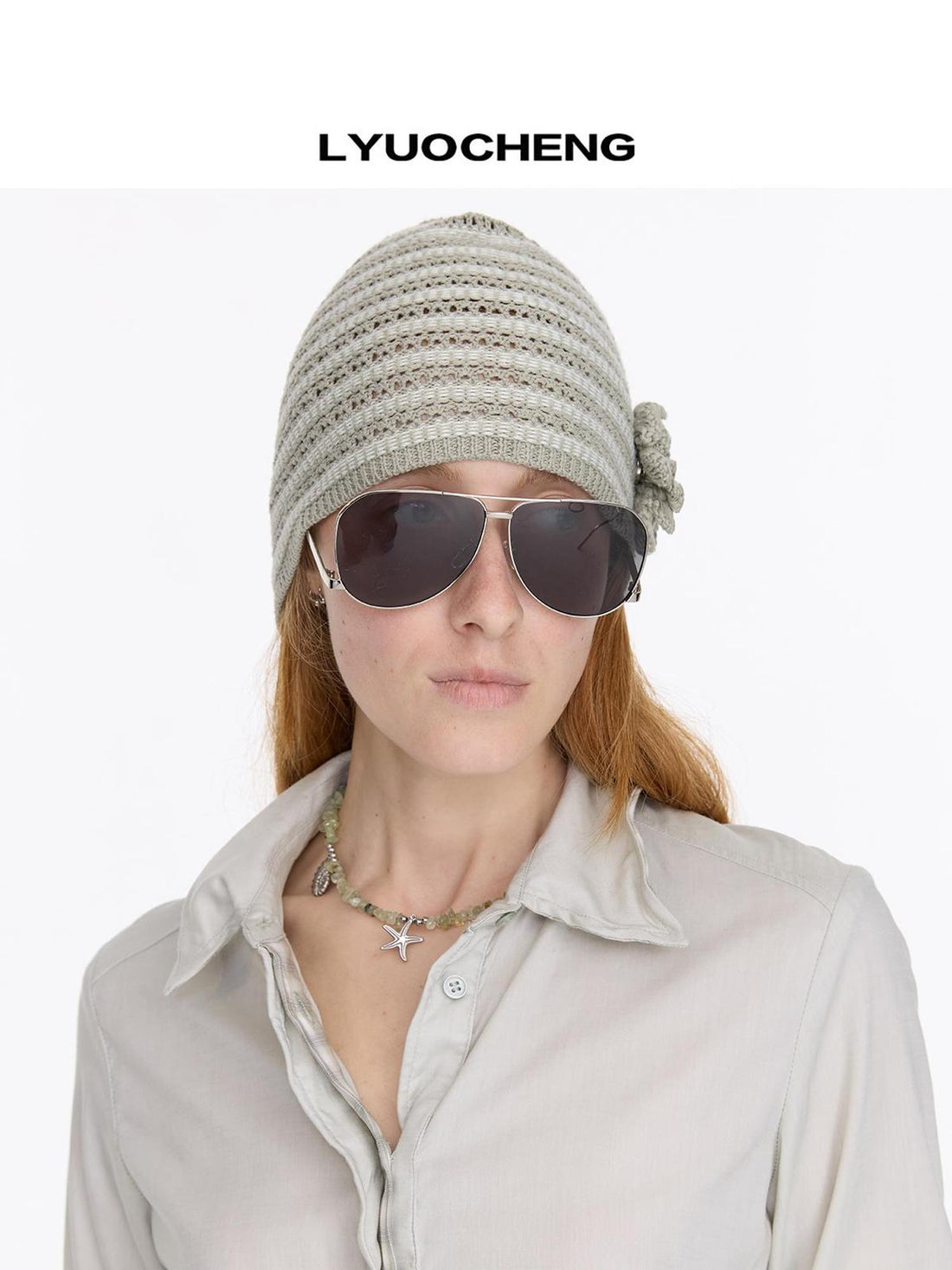 LYUOCHENG Striped Knit Bonnet With Detachable Flower