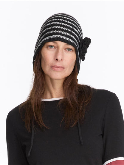 LYUOCHENG Striped Knit Bonnet With Detachable Flower