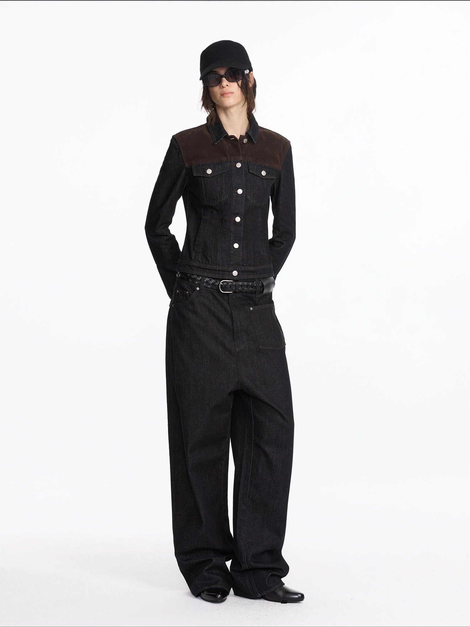 LYUOCHENG Suede Trimmed Denim Jacket In Vintage Black