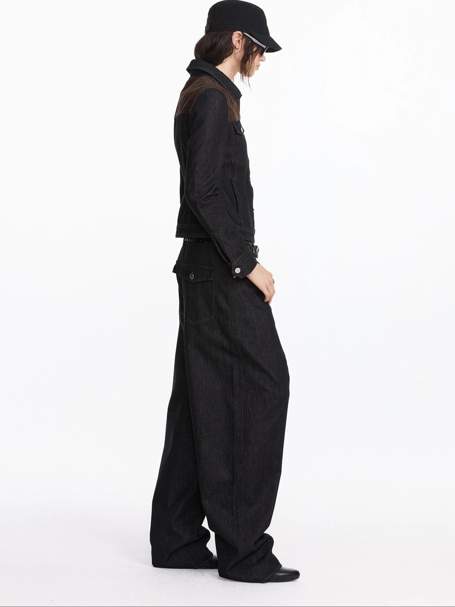 LYUOCHENG Suede Trimmed Denim Jacket In Vintage Black