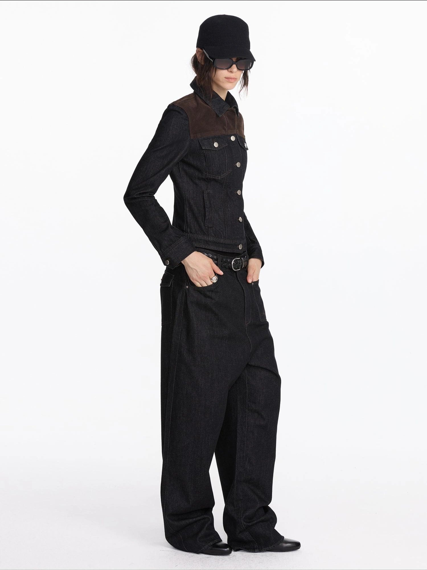 LYUOCHENG Suede Trimmed Denim Jacket In Vintage Black