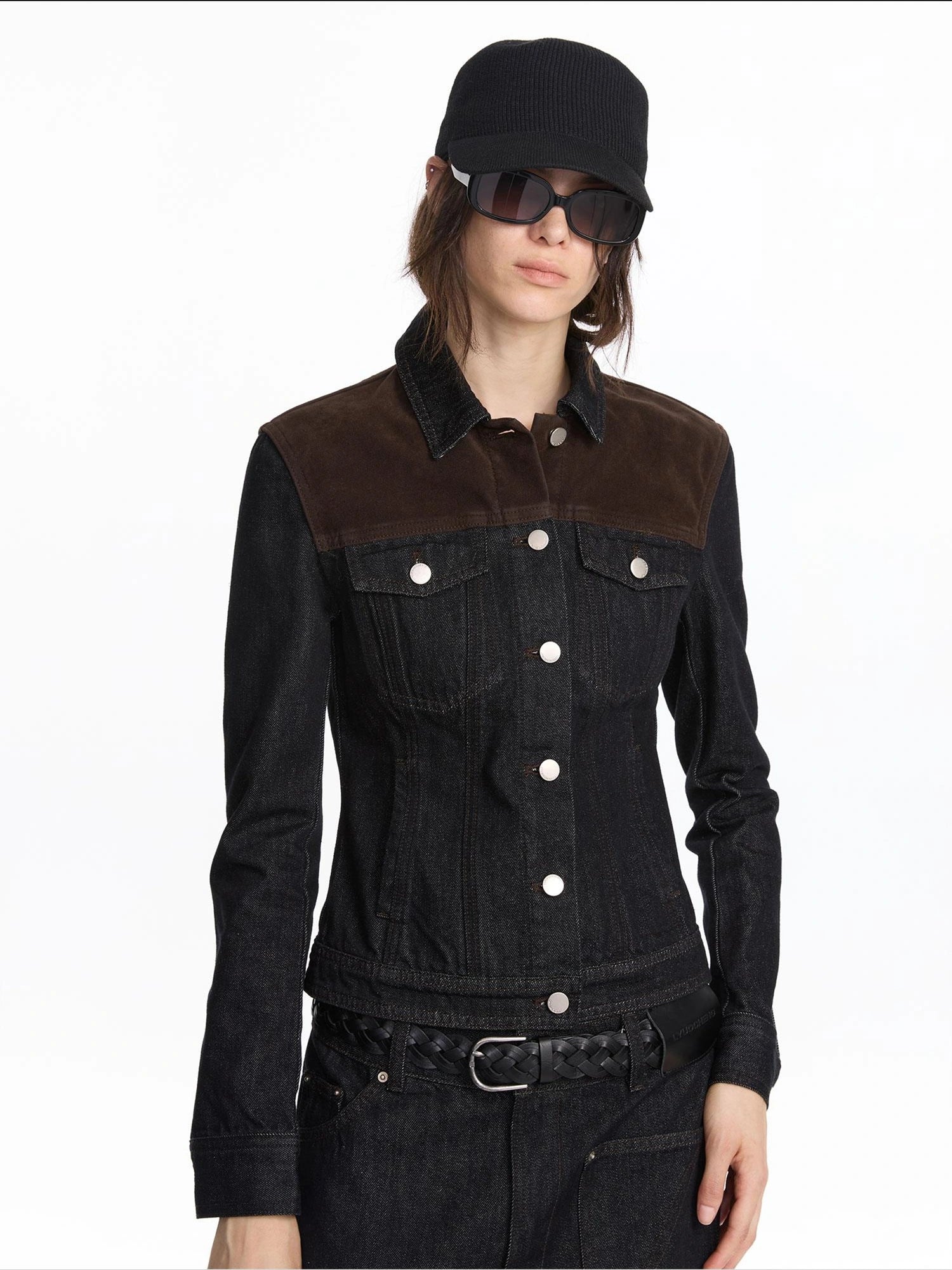 LYUOCHENG Suede Trimmed Denim Jacket In Vintage Black