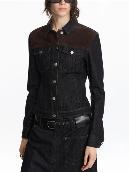 LYUOCHENG Suede Trimmed Denim Jacket In Vintage Black