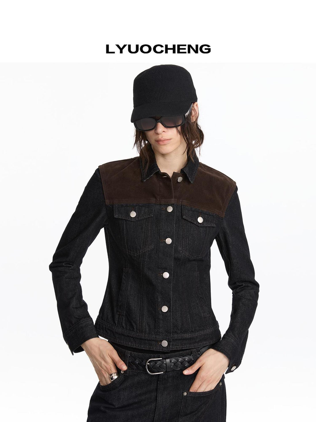 LYUOCHENG Suede Trimmed Denim Jacket In Vintage Black