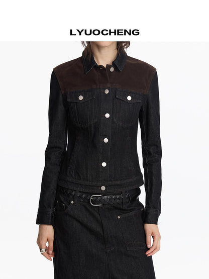 LYUOCHENG Suede Trimmed Denim Jacket In Vintage Black