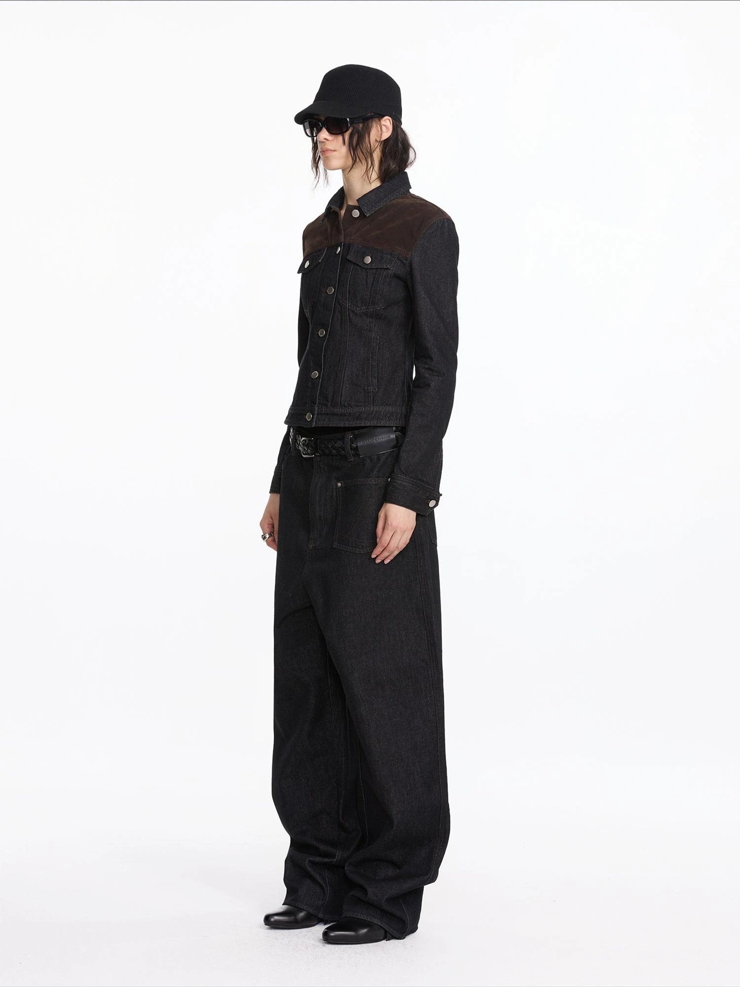 LYUOCHENG Suede Trimmed Denim Jacket In Vintage Black