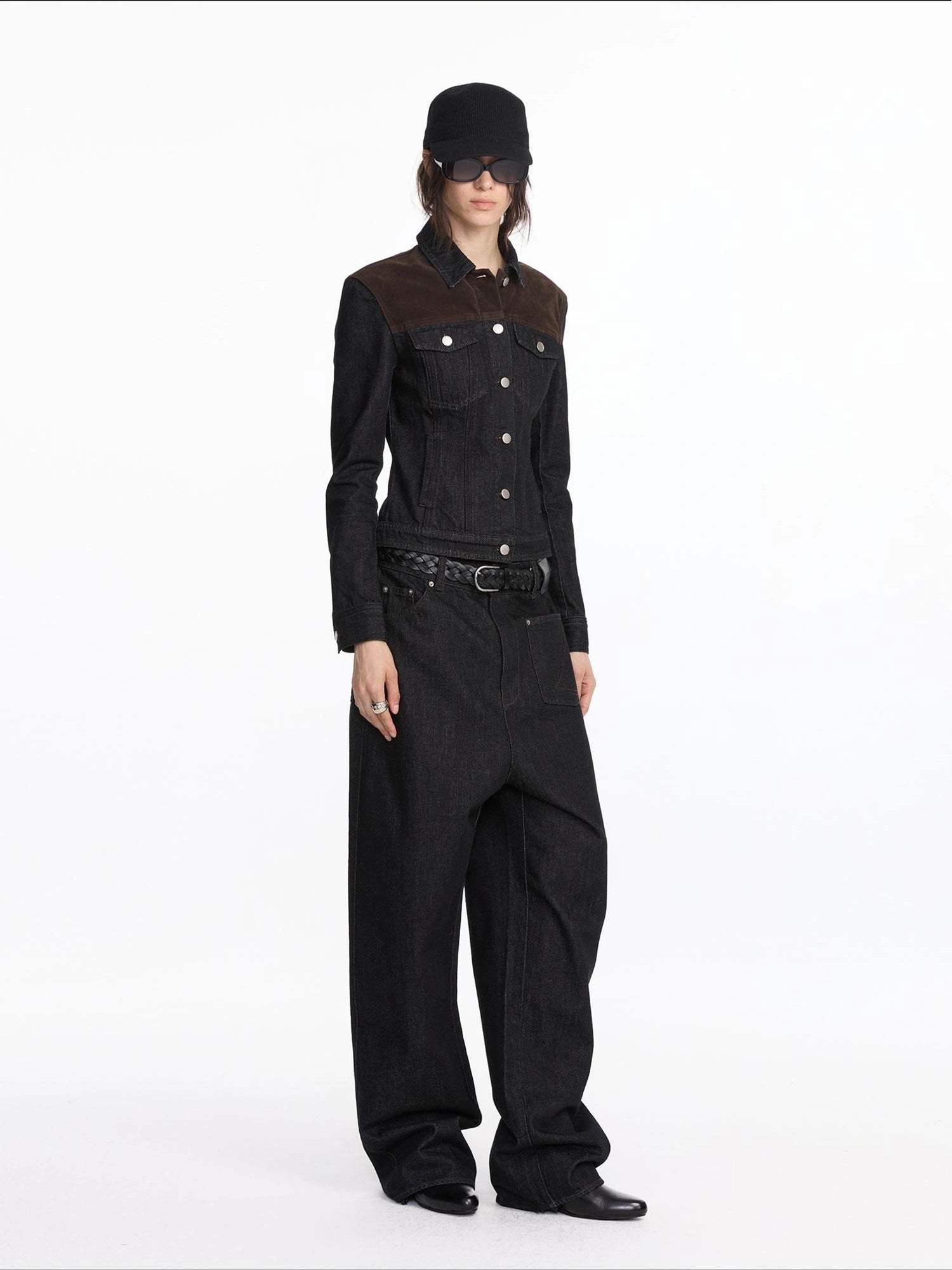 LYUOCHENG Suede Trimmed Denim Jacket In Vintage Black