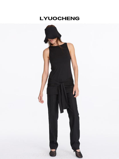 LYUOCHENG Summer Tencel Sleeveless Tie Waist Top