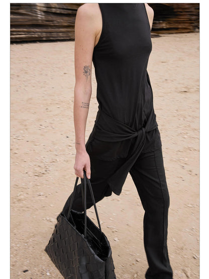 LYUOCHENG Summer Tencel Sleeveless Tie Waist Top