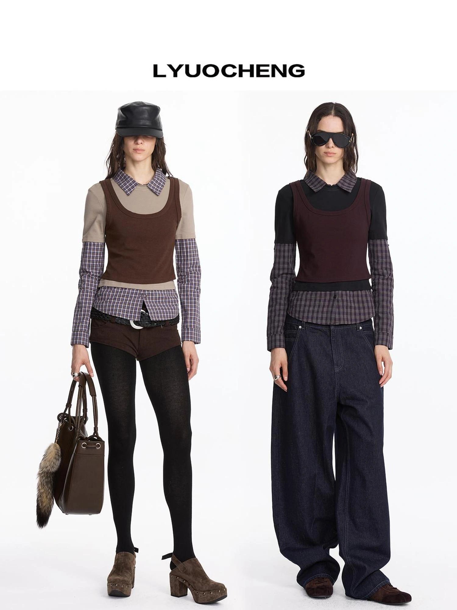 LYUOCHENG Three Piece Layered Plaid Polo Long Sleeve Top