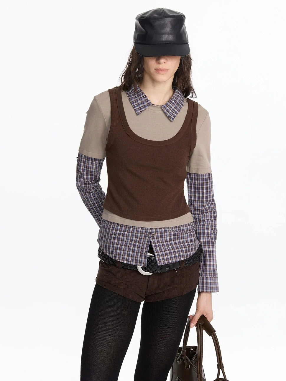 LYUOCHENG Three Piece Layered Plaid Polo Long Sleeve Top
