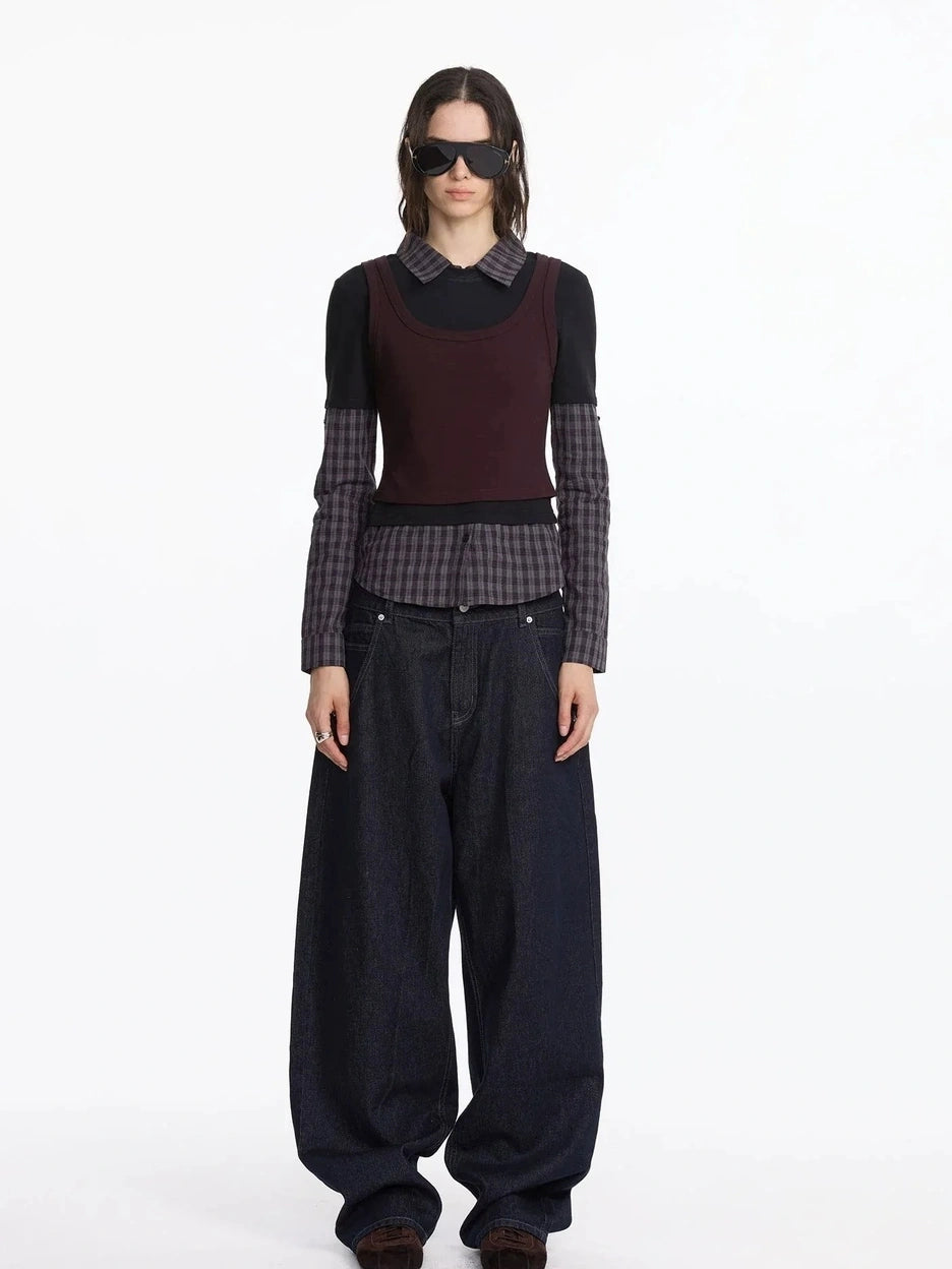 LYUOCHENG Three Piece Layered Plaid Polo Long Sleeve Top