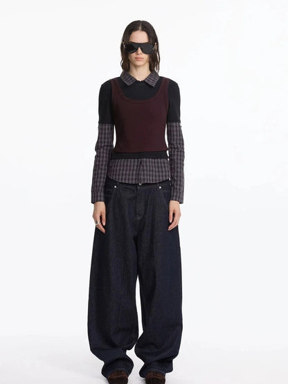 LYUOCHENG Three Piece Layered Plaid Polo Long Sleeve Top