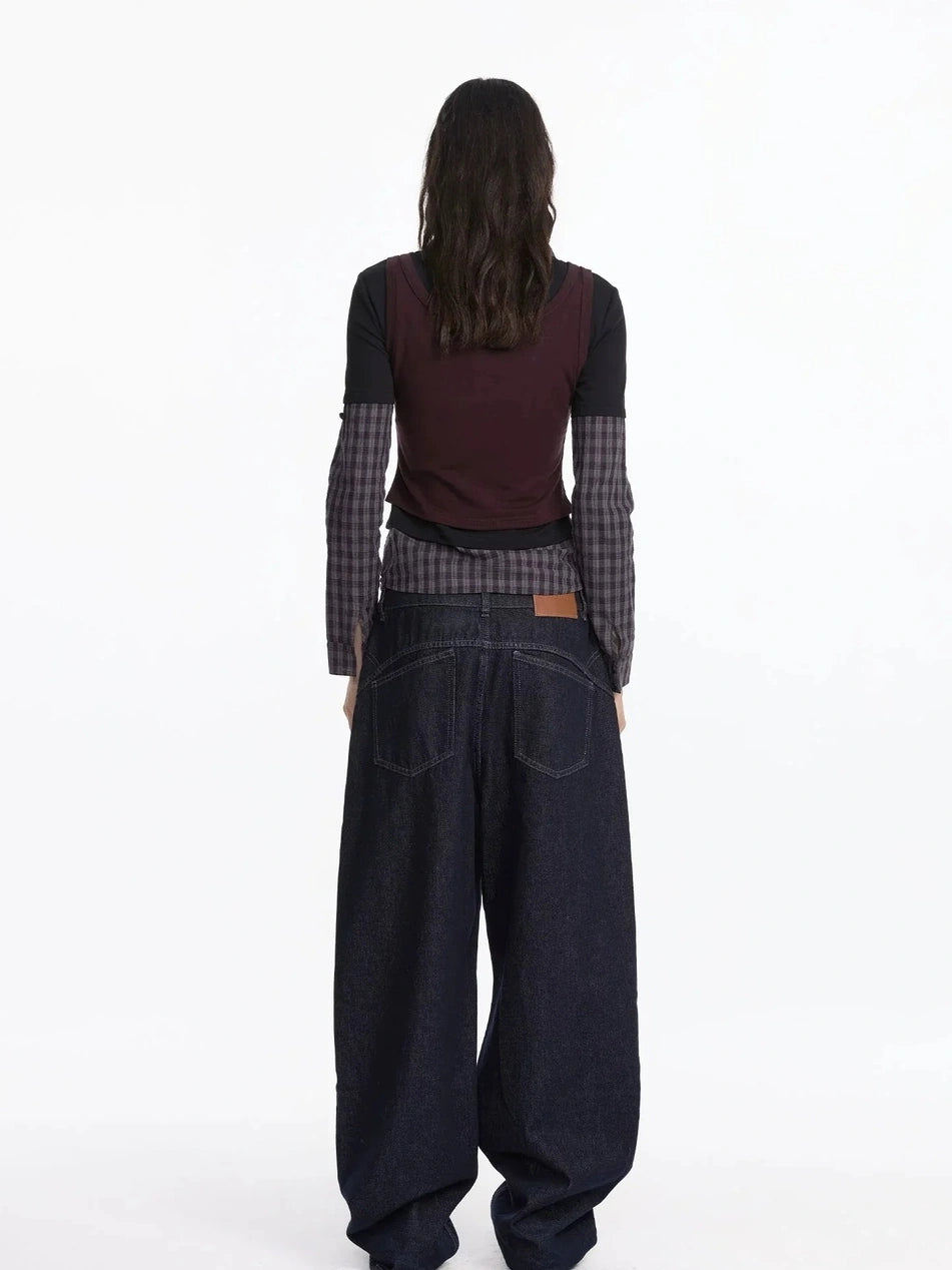 LYUOCHENG Three Piece Layered Plaid Polo Long Sleeve Top