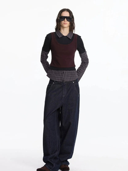 LYUOCHENG Three Piece Layered Plaid Polo Long Sleeve Top