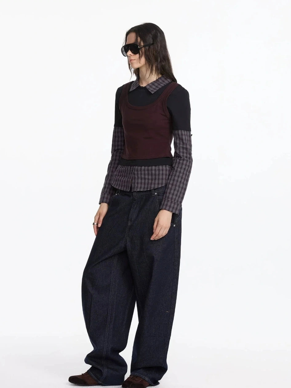 LYUOCHENG Three Piece Layered Plaid Polo Long Sleeve Top