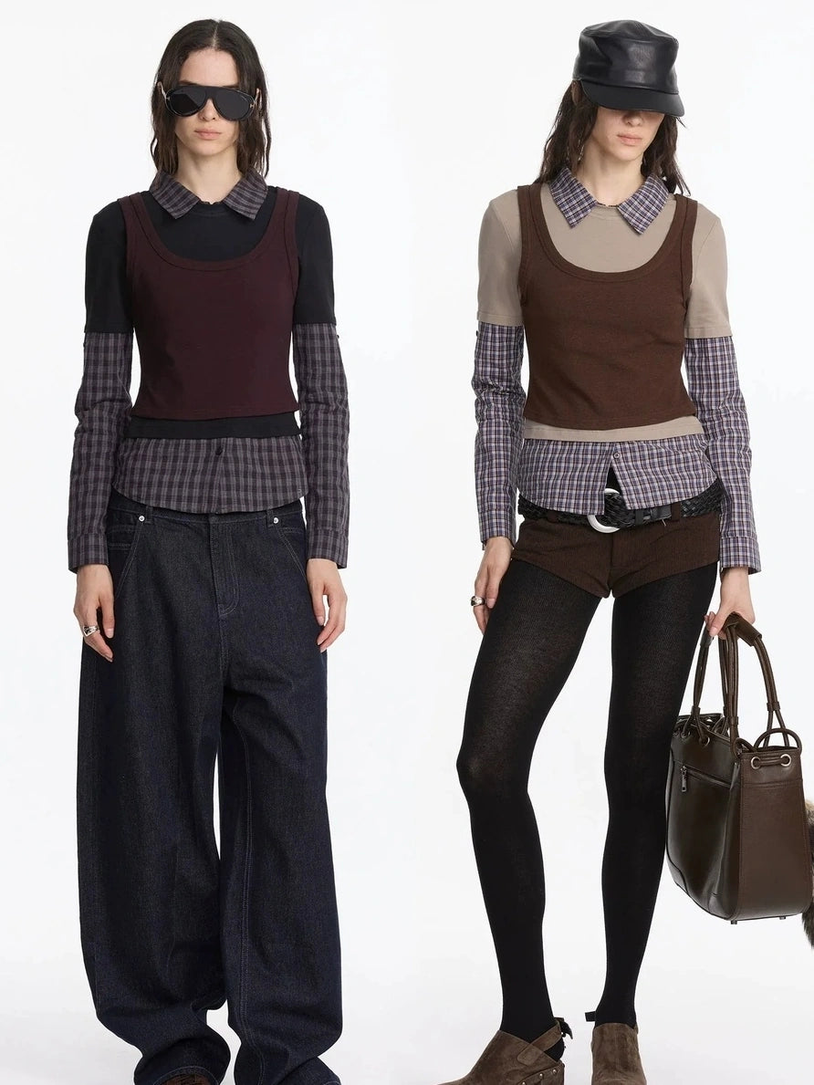 LYUOCHENG Three Piece Layered Plaid Polo Long Sleeve Top