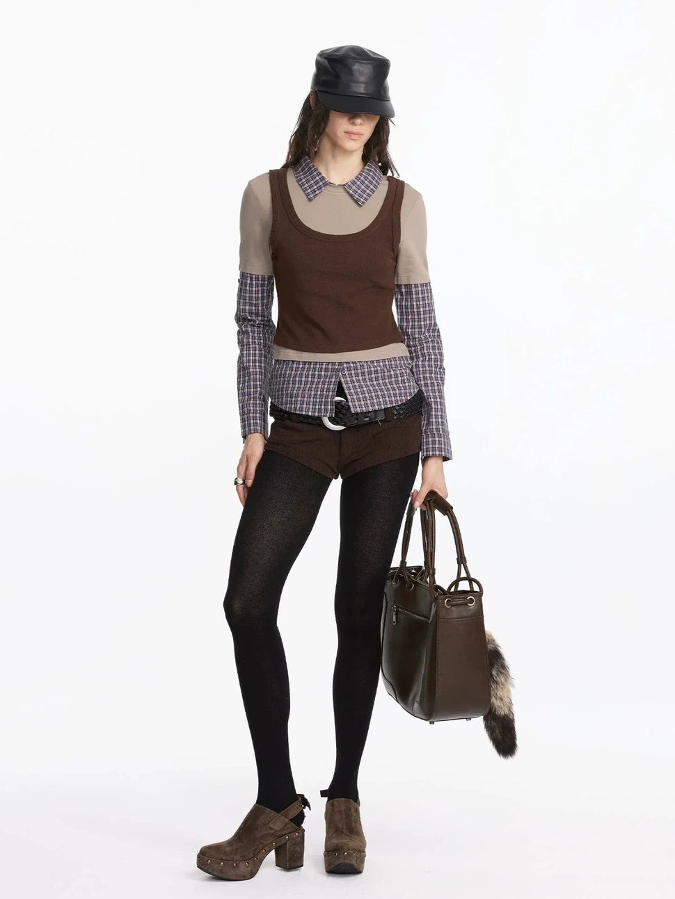 LYUOCHENG Three Piece Layered Plaid Polo Long Sleeve Top