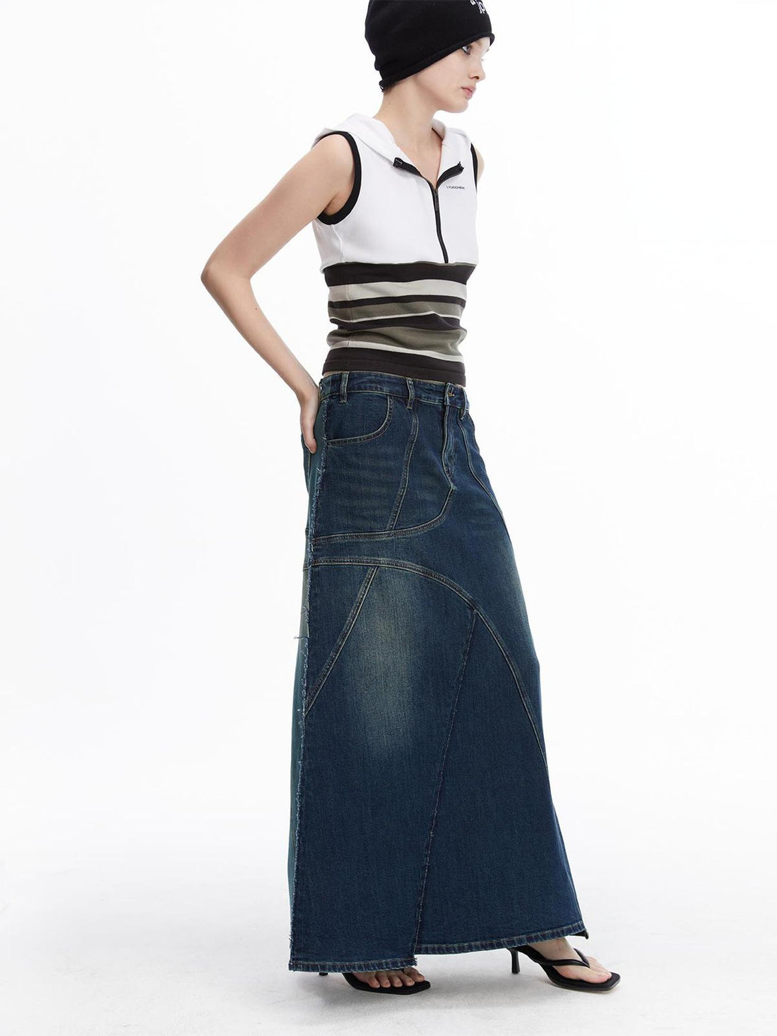 LYUOCHENG Two Tone Distressed Denim Maxi Skirt