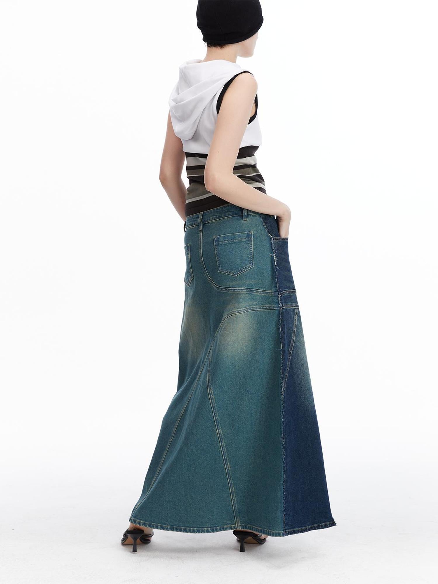 LYUOCHENG Two Tone Distressed Denim Maxi Skirt