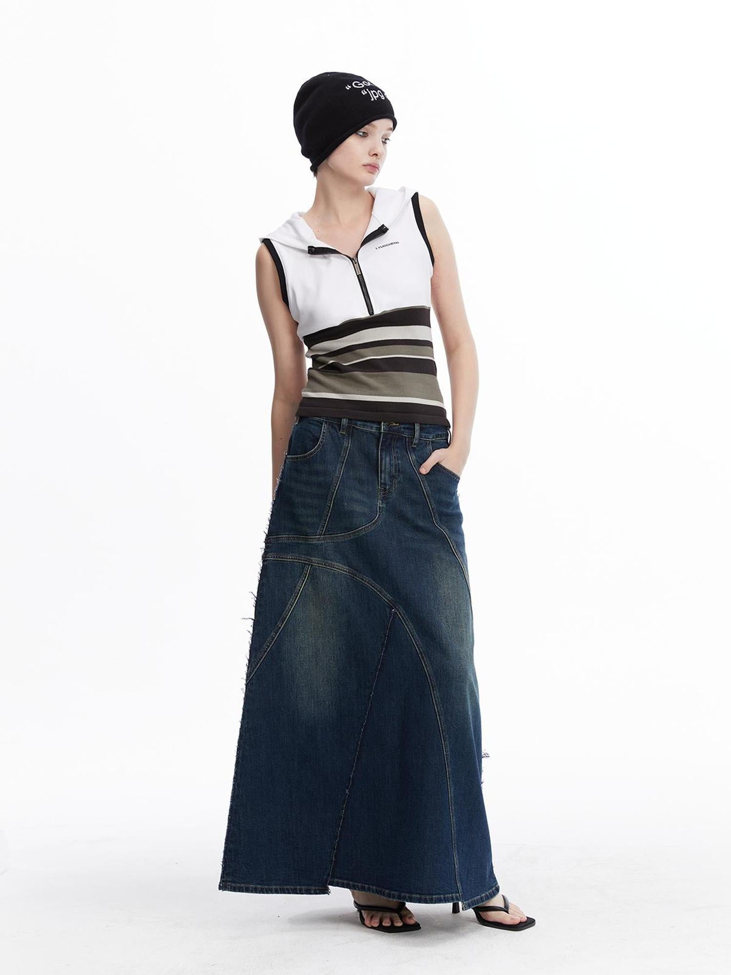 LYUOCHENG Two Tone Distressed Denim Maxi Skirt