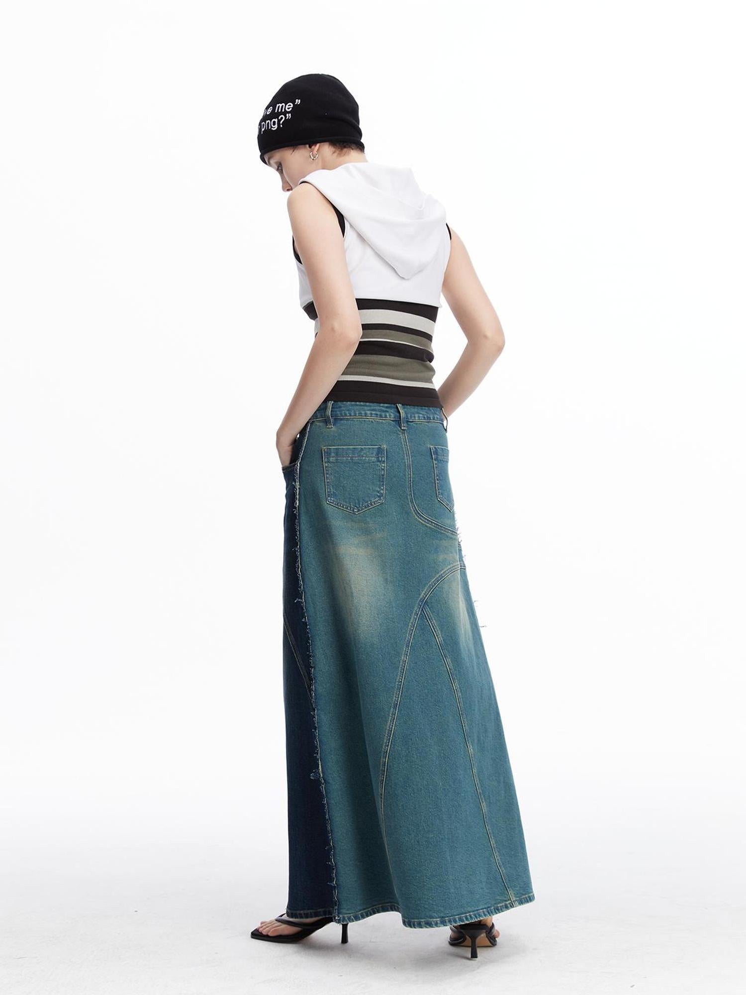 LYUOCHENG Two Tone Distressed Denim Maxi Skirt