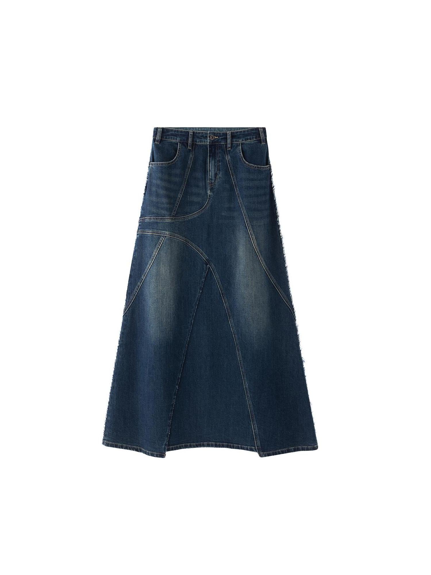 LYUOCHENG Two Tone Distressed Denim Maxi Skirt