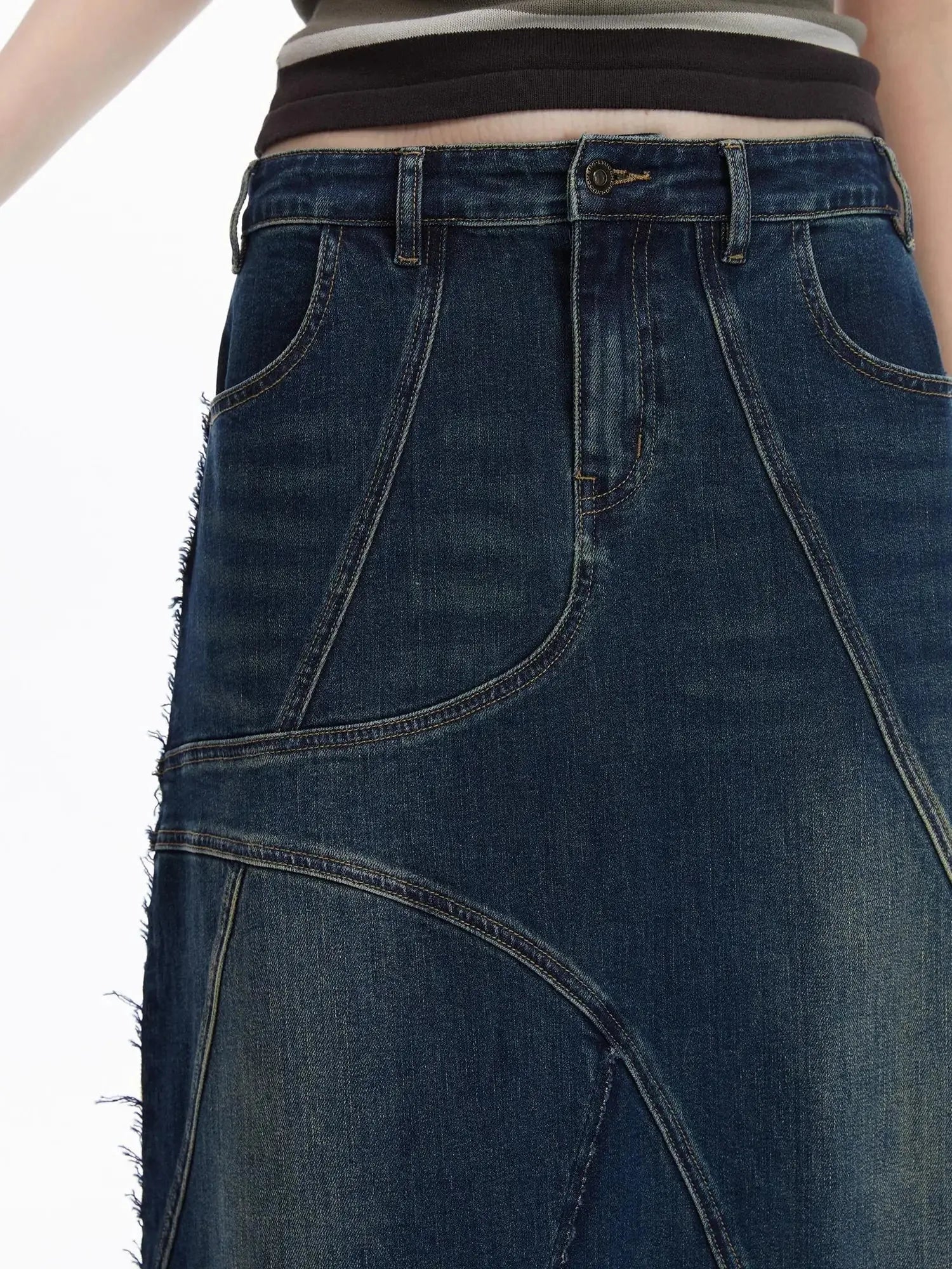 Two Tone Distressed Denim Maxi Skirt