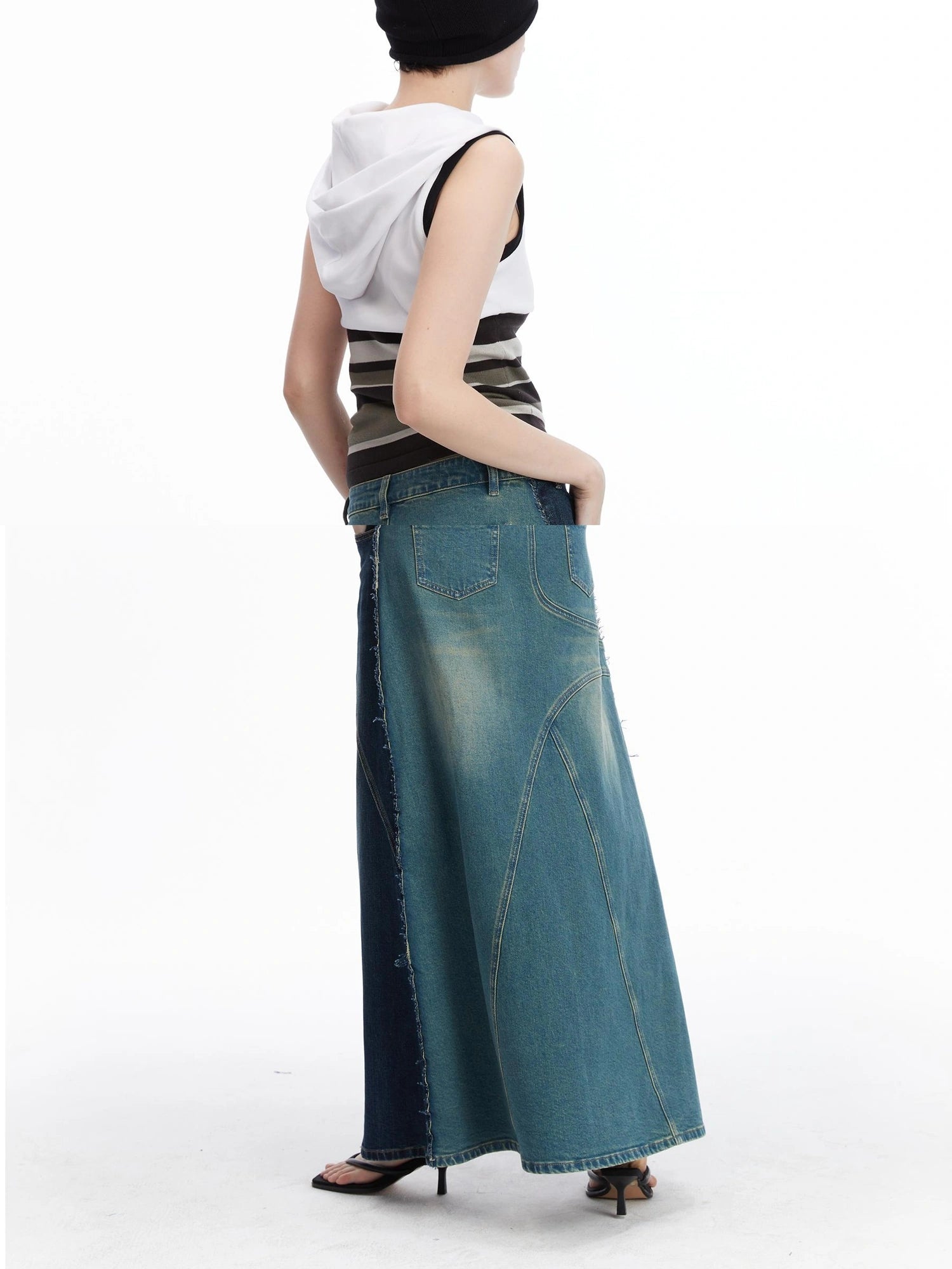 LYUOCHENG Two Tone Distressed Denim Maxi Skirt