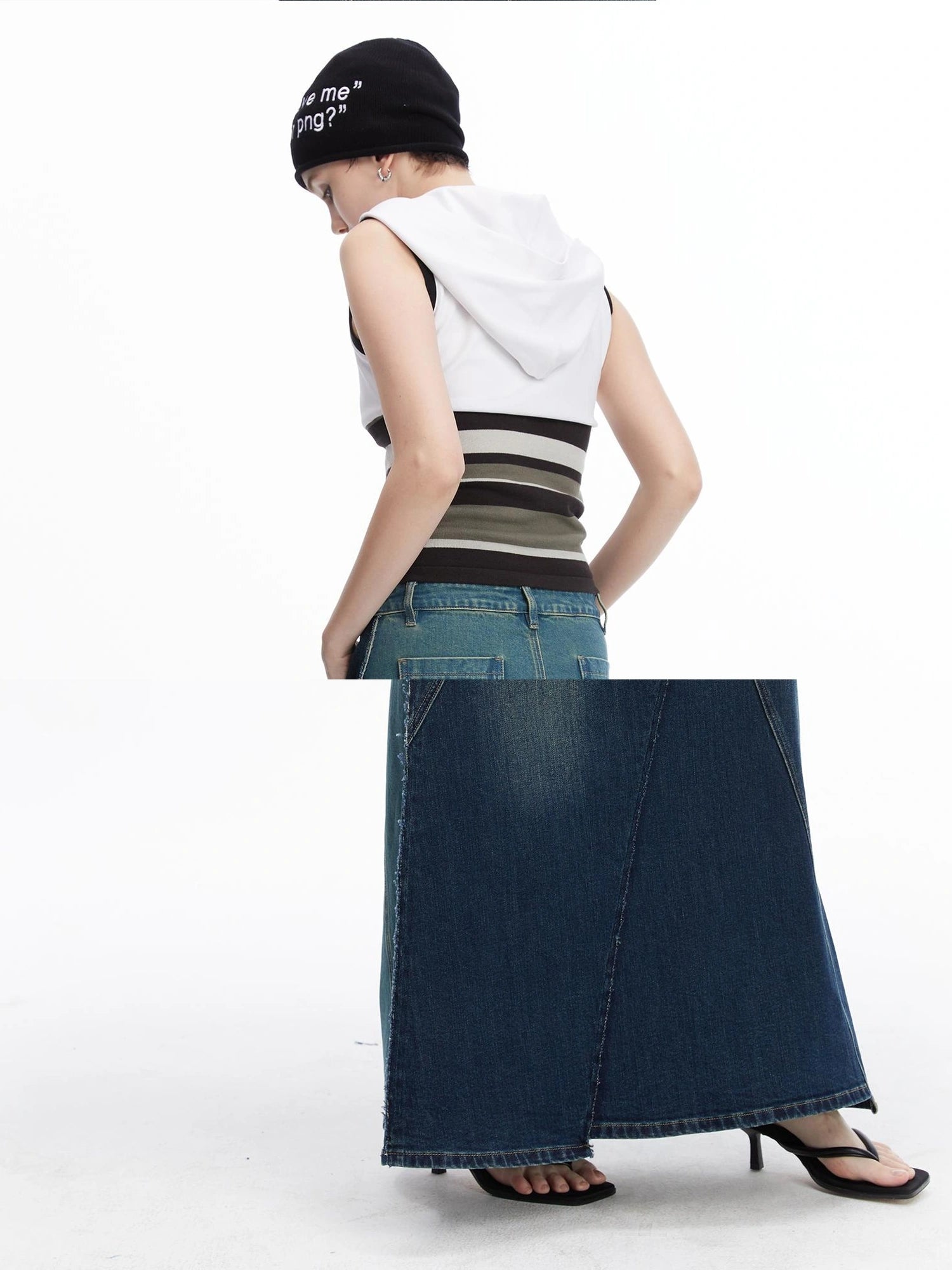 LYUOCHENG Two Tone Distressed Denim Maxi Skirt