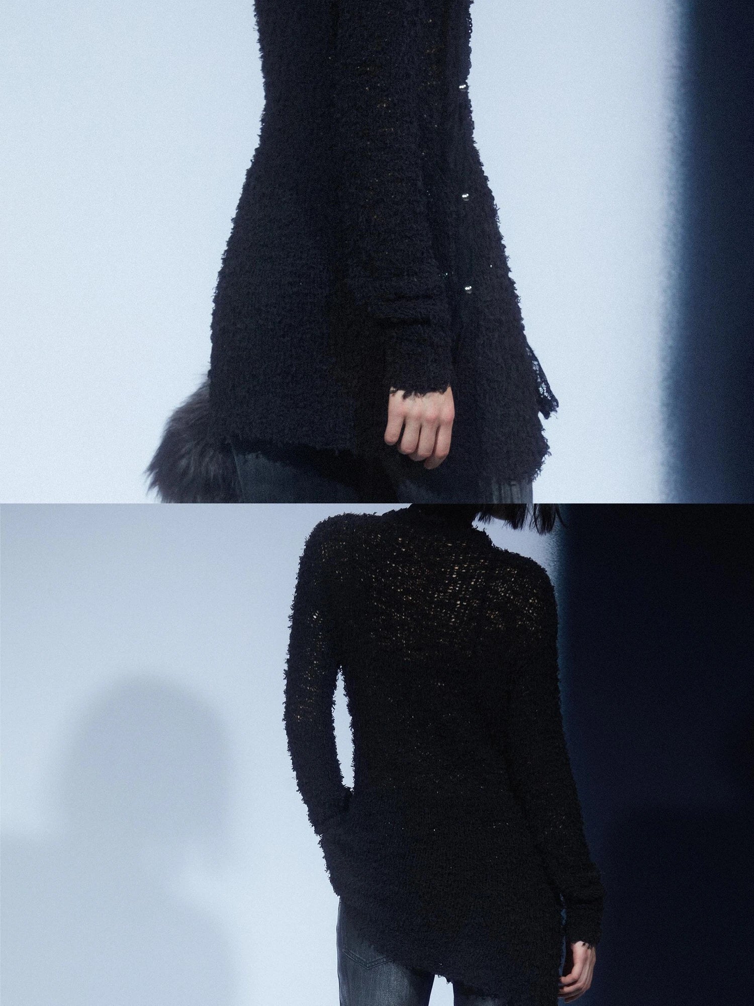LYUOCHENG Two Tone Raw Edge Mesh Knit Top