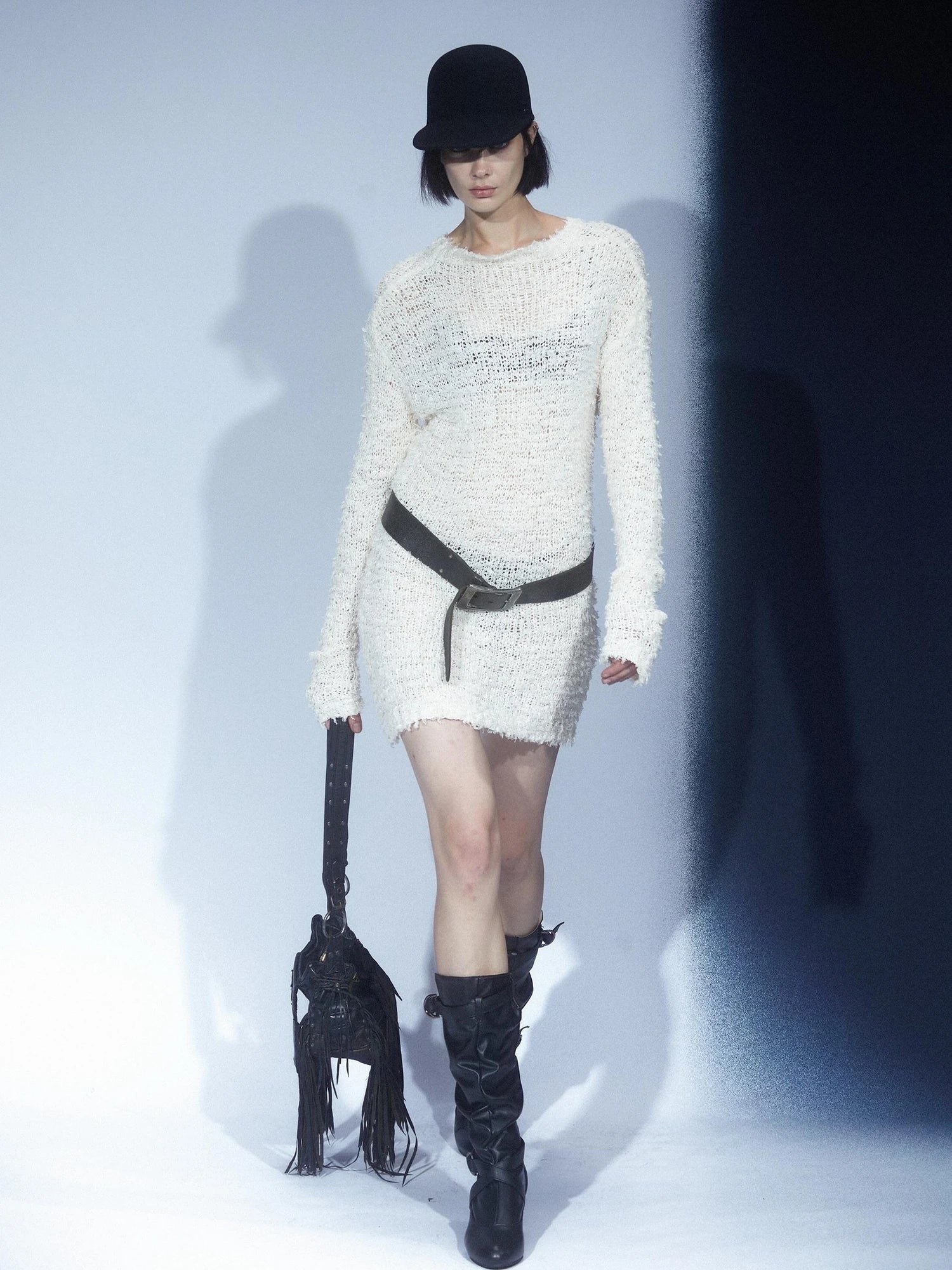 LYUOCHENG Two Tone Raw Edge Mesh Knit Top